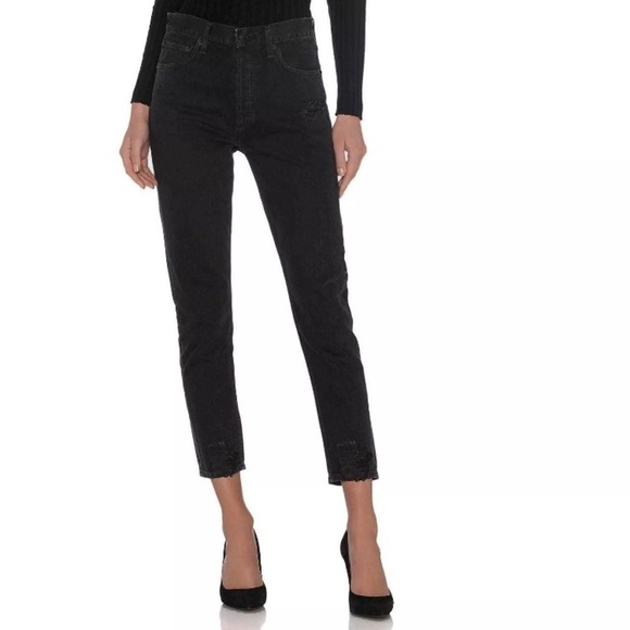 Agolde Jamie high rise jeans size 27 distressed Black Wash Classic Tapered Denim - Picture 5 of 16